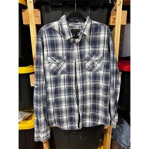 Helix Women XL Blue White Plaid Button Down Shirt Long Sleeve Roll Tab Pockets